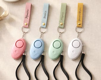 Personal Safety Alarm Keychain with Personalized Leather Engraving Custom Name Emergency Alarm Self Defense Gift for Women Student Traveler