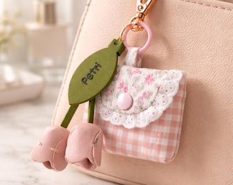 Personalized Flower Keychain with Plaid Coin Pouch and AirPods Case | Cute Custom Name Bag Charm | Gift for Women