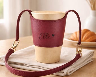 Personalized Leather Cup Holder with Handle Custom Name Coffee Sleeve, Faux Leather Drink Carrier Minimalist Coffee Tote Gift