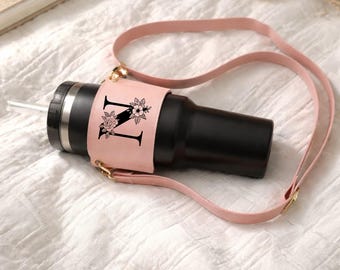 Personalized Water Bottle Holder with Strap Custom Name Initial Bottle Carrier Adjustable Crossbody Strap Travel Hiking Gift