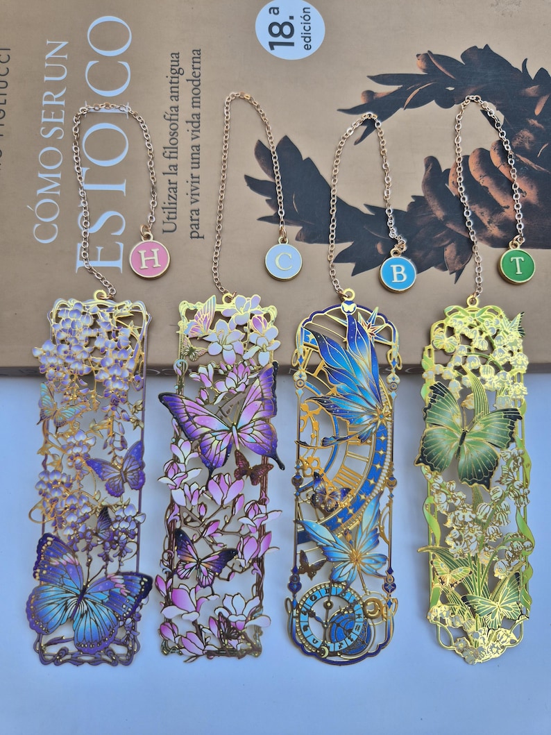 Elegant metal butterfly flower bookmark with customized initial for book lover