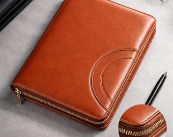 Personalized A4 Business Folder with Notepad | Zippered Leather Portfolio Binder | Custom Manager Organizer Graduation Gift Office & Travel