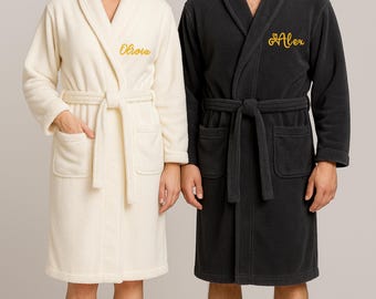 Personalized Embroidered Bathrobe with Name, Custom Plush Microfleece Robe for Couple, Christmas, Bridesmaid, Wedding Gift - His Hers Robe