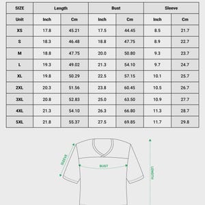 May include: A size chart for an all-over print crop top football jersey. The chart includes columns for size, length, bust, and sleeve measurements in both inches and centimeters for sizes XS through 5XL, accompanied by a line drawing of a jersey.