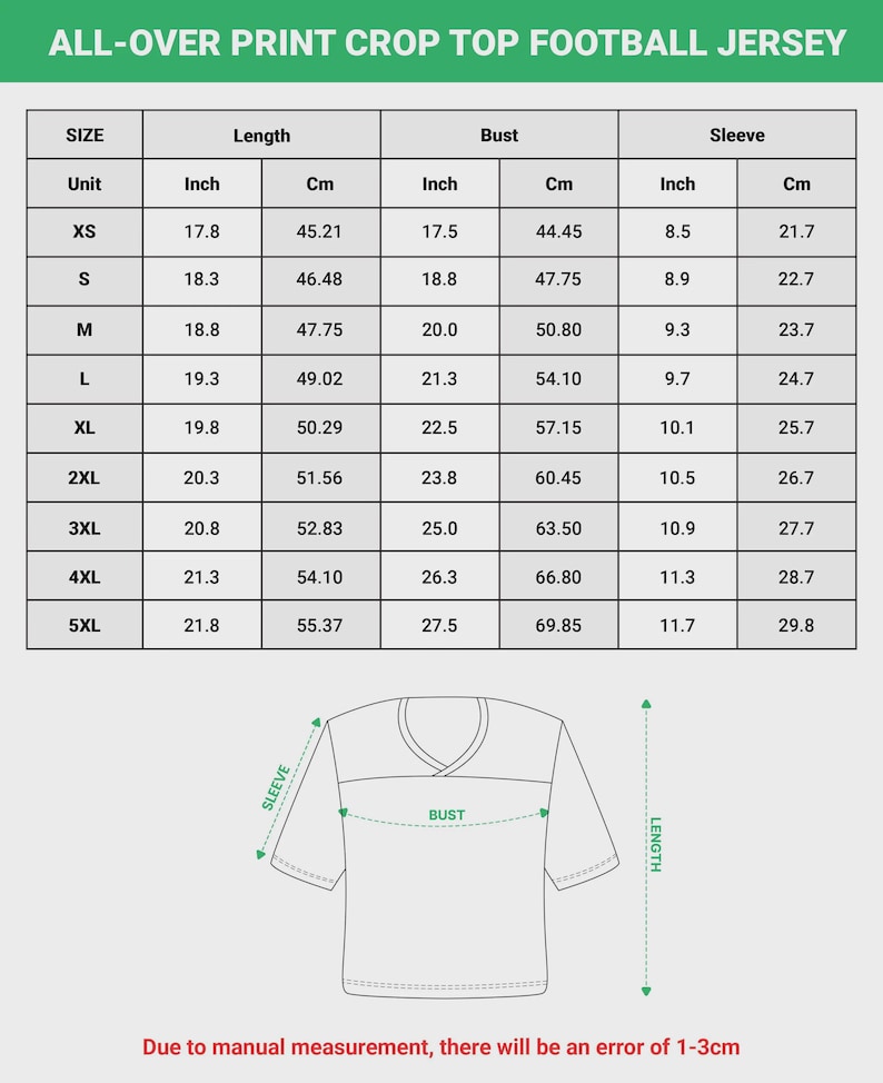 May include: A size chart for an all-over print crop top football jersey. The chart includes columns for size, length, bust, and sleeve measurements in both inches and centimeters for sizes XS through 5XL, accompanied by a line drawing of a jersey.