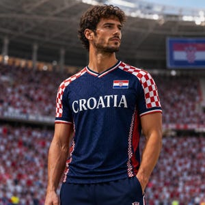 May include: A dark blue V-neck athletic jersey featuring the word CROATIA in white lettering across the chest. The sleeves and side panels display a red and white checkered pattern, and a small Croatian flag emblem is positioned on the upper left.