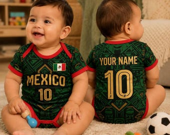 カスタムメキシコベビーボディスーツ、パーソナライズされたサッカーベビーロンパース、メキシコフットボールジャージロンパース、カスタムネームナンバーギフト