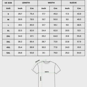 May include: A size chart for an all over print t-shirt featuring a table with US sizes from S to 5XL, listing length, width, and sleeve measurements in inches and centimeters, accompanied by a line drawing of a t-shirt with labeled dimensions.