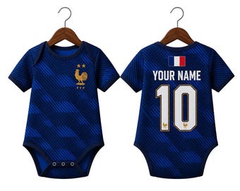 Body bébé personnalisé France, grenouillère personnalisée football France, cadeau fan de la Coupe du monde 2026, tenue personnalisée prénom et numéro pour bébé