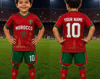 Gepersonaliseerde voetbalshirt Marokko voor kinderen, voetbalshirt aangepaste naamnummer, cadeau Marokko fan, voetbaluniform jeugd