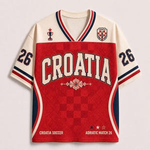 以下が含まれることがあります： クリーム色と赤色のVネックジャージ。大きな文字でCROATIA、両袖に数字の26、トロフィーのアイコン、紋章、そしてCROATIA SOCCER ADRIATIC MATCH 26というテキストがデザインされています。生地全体に繊細なチェック柄が施されています。