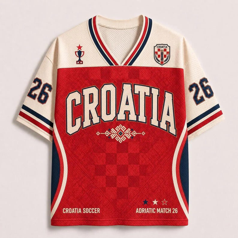 以下が含まれることがあります： クリーム色と赤色のVネックジャージ。大きな文字でCROATIA、両袖に数字の26、トロフィーのアイコン、紋章、そしてCROATIA SOCCER ADRIATIC MATCH 26というテキストがデザインされています。生地全体に繊細なチェック柄が施されています。