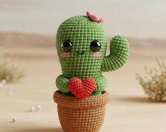 Cactus Amigurumi Crochet Pattern PDF – Cute Potted Cactus with Heart – DIY Crochet Plush Toy Tutorial
