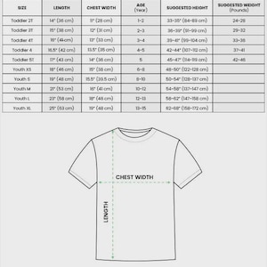 May include: A sizing chart for an AOP kids and youth t-shirt featuring a table with columns for size, length in inches, chest width in inches, age, height in inches, and weight in pounds, alongside a line drawing of a t-shirt with length and chest width arrows.