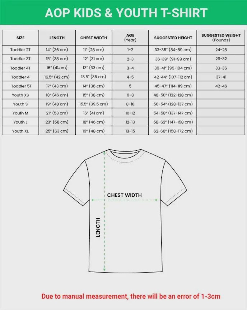 May include: A sizing chart for an AOP kids and youth t-shirt featuring a table with columns for size, length in inches, chest width in inches, age, height in inches, and weight in pounds, alongside a line drawing of a t-shirt with length and chest width arrows.