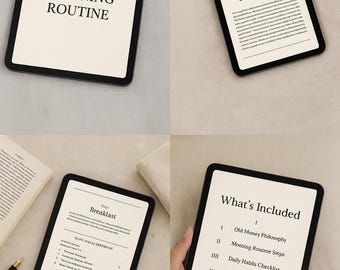 May include: A collection of four digital tablets with black borders and off-white screens. The screens display text related to a morning routine and financial philosophy. One tablet shows "Old Money Morning Routine."
