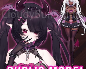 Può includere: Illustrazione digitale di un personaggio femminile di anime con capelli neri, corna e ali di pipistrello. Il personaggio indossa un abito nero e rosa con un design a forma di cuore. Il testo "PUBLIC MODEL" è visualizzato in rosa.