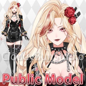 May include: An illustration of a character with long blonde hair, red eyes, and dark lipstick. The character wears a black outfit with a choker, chain, and a rose in their hair. The text "Public Model" is at the bottom.