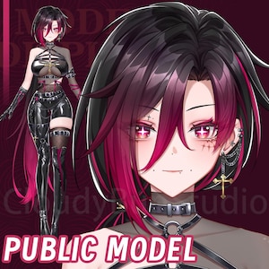Op de afbeelding: Digitale illustratie van een vrouwelijk anime-personage met zwart en magenta haar. Ze draagt een zwarte outfit met een kruisontwerp, choker en dijhoge laarzen. De tekst "PUBLIC MODEL" staat onderaan.