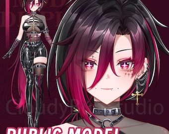 Può includere: Illustrazione digitale di un personaggio anime femminile con capelli neri e magenta. Indossa un outfit nero con un design a croce, choker e stivali alti. Il testo "PUBLIC MODEL" è in basso.