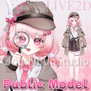Puede incluir: Ilustración de estilo anime de un personaje con cabello y ojos rosados, usando un sombrero y abrigo de detective marrón. El personaje sostiene una lupa. El texto en la imagen dice "LIVE2D" y "Public Model".