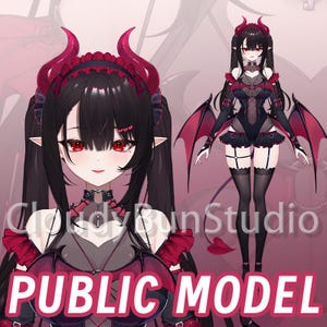 Puede incluir: Ilustración digital de un personaje de anime femenino con cabello negro, ojos rojos y cuernos. Viste un atuendo negro y rojo con alas y medias. El texto "PUBLIC MODEL" se muestra en la parte inferior.