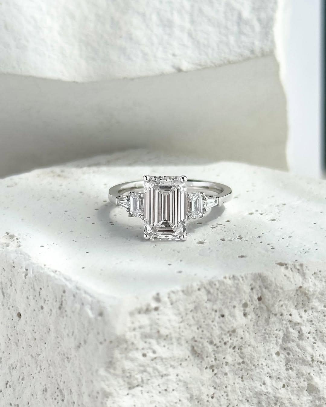 Emerald Cut Moissanite Engagement Ring, Tapered Baguette Side Stones ...