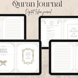Könnte beinhalten: Digitales Koran-Journal, dargestellt auf vier Tablets. Die Journal-Seiten weisen linierte Schreibbereiche und dekorative Ränder auf. Der Text enthält "Quran Journal", "Five Pillars of Islam" und "The 4 School of Thought."