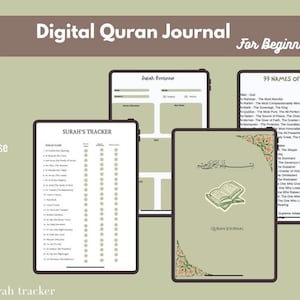 Könnte beinhalten: Digitales Koran-Journal für Anfänger, mit Surah-Tracker, 99 Namen Allahs und weiteren Seiten. Das Design ist editierbar und einfach zu bedienen, in einem sanften Grün- und Brauntönen. Der Text "Made in Canva" ist ebenfalls sichtbar.