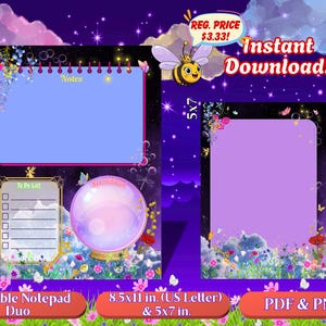 May include: Printable notepad duo with a whimsical design. The 8.5x11 inch notepad features a to-do list and notes section, while the 5x7 inch notepad has a blank space. Both have a purple and black background with floral and butterfly accents.