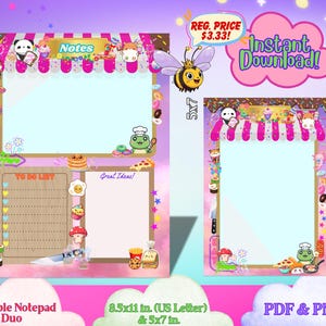 Könnte beinhalten: Ein druckbares Notizblock-Duo mit einem farbenfrohen, cartoonartigen Design. Der Notizblock hat ein rosa-braunes Vordach mit einem Panda, einem Frosch und anderen Figuren zum Thema Essen. Enthält eine To-Do-Liste und Platz für Notizen, in den Größen 21,6 x 27,9 cm und 12,7 x 17,8 cm.