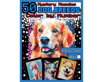 Dog Breeds Color by Number | Mystery Mosaics BLACK Edition | Pixel Art Dogs | Printable PDF for Adults | 50 Dog Designs