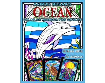 Mosaic Ocean Life Color by Number for Adults | Sea Animal Coloring Book | Black Paper Art | Relaxing Printable PDF