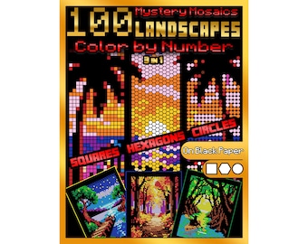 Tajemnicze mozaiki – edycja „Krajobrazy” – 100 stron do kolorowania według numerów na czarnym papierze. Relaksujące 3 w 1 – kwadraty, sześciokąty, koła, ulga w stresie.