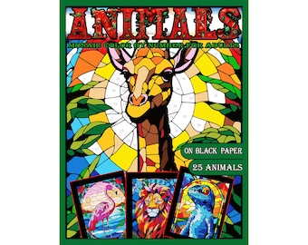 May include: A colouring book cover titled "ANIMALS" with a giraffe mosaic design. Below are three framed animal mosaics: a flamingo, a lion, and a lizard. The text "MOSAIC COLOR BY NUMBER FOR ADULTS" and "ON BLACK PAPER 25 ANIMALS" are also visible.