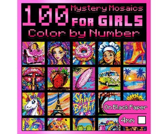 May include: A pink and black mosaic art book titled "100 Mystery Mosaics for Girls Color by Number." The cover features a grid of colorful pixelated images, including a purse, a woman's face, a donut, and a high-heeled shoe.
