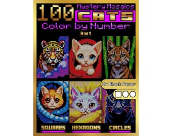 100 mosaici misteriosi da colorare con i numeri Gatti / Libro da colorare con pixel art di gatti / Mosaico di animali su carta nera / Colorazione per adulti