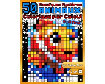Könnte beinhalten: Ein farbenfrohes Kinder-Aktivitätsbuch mit dem Titel "50 Tier Mosaike Malen nach Zahlen." Das Cover zeigt ein pixeliges Tierbild, Matheaufgaben und den Text "6-8 Jahre" und "Auf schwarzem Papier."