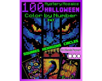 May include: A Halloween-themed color-by-number puzzle book with the text "Mystery Mosaics 100 Halloween Color by Number 3 in 1". The cover features pixelated images of a skull, raven, and pumpkins.
