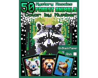 Forest Animals Color by Number | Mystery Mosaics BLACK Edition | Pixel Art Woodland Wildlife | Printable PDF for Adults