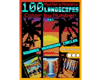 100 Mystery Mosaics Color by Number Quest 3-in-1 Landscapes | Pixel Art Coloring Book | Black Paper Nature Mosaic | Digital Download PDF