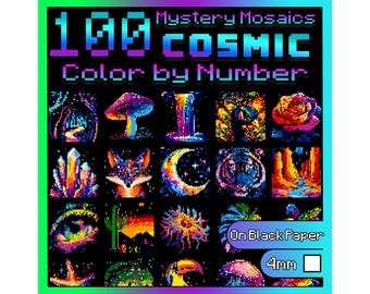 100 Color by Number Cosmic Nature | Mystery Mosaics Pixel Art | Space Animals & Nature | Black Paper Printable PDF