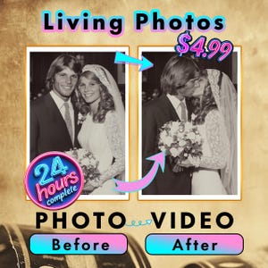 Könnte beinhalten: Werbung für Foto- und Videodienstleistungen. Das Bild zeigt einen Vorher-Nachher-Vergleich eines Hochzeitsfotos mit dem Text "Living Photos" oben. Der Text "24 Stunden komplett" ist ebenfalls sichtbar.