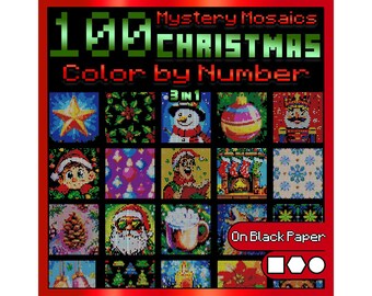 100 Mystery Mosaics Color by Number Christmas | Holiday Mandalas & Pixel Art | Adult Coloring Book | Festive Patterns on Black Paper