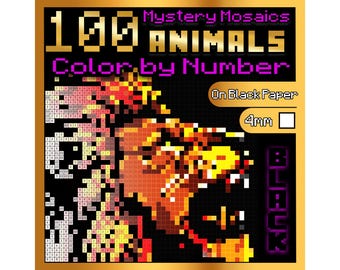 May include: A square puzzle box with the text "100 Animals Color by Number" and a pixelated image of an animal. The box has a gold border and the words "Mystery Mosaics" are at the top. The words "On Black Paper" are also visible.
