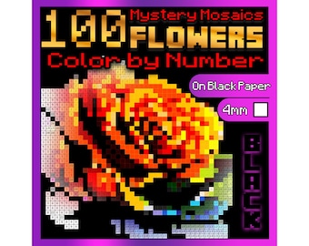 100 Flowers Color by Number | Mystery Mosaics BLACK Edition | Pixel Art Flower Coloring | Printable Black PDF
