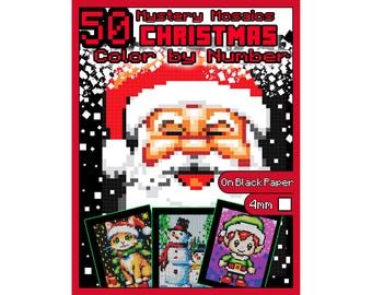 May include: A Christmas-themed activity book with the title "50 Mystery Mosaics Christmas Color by Number." The cover features a pixelated Santa Claus and three smaller images of Christmas-themed characters. The text "On Black Paper" is also visible.