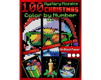 100 Mystery Mosaics Color by Number Christmas Edition | Holiday Pixel Art Coloring Book for Adults | Digital Download PDF