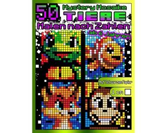 Kolorowanka Mystery Mosaics po numerach dla dzieci | 50 poziomów | Wydanie niemieckie | Kolorowanka ze zwierzętami na czarnym papierze | Wiek 6+ | Wersja PDF do druku