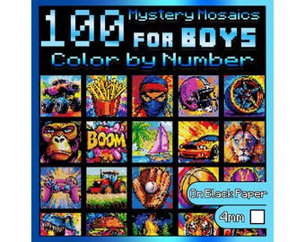100 Color by Number for Boys | Mystery Mosaics Pixel Art Book | Cool Cars, Dinosaurs & More | Black Paper Printable PDF